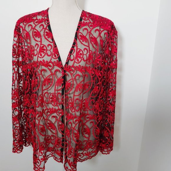 Woman's Maxima Red & Black Sheer Dressy Light Weight Jacket 2XL. One button clos - Picture 1 of 6